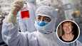 Lääketeollisuus ry:n lääkepoliittinen johtaja Sirpa Rinta (oik.) kommentoi rokotetilannetta IS:lle. Taustakuvassa rokotetutkimusta laboratoriossa Kiinassa huhtikuussa.