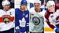 Aleksander Barkov, Auston Matthews, Connor McDavid ja Nathan MacKinnon (oik.)  ovat suurimmat ennakkosuosikit NHL:n arvokkaimmaksi pelaajaksi.