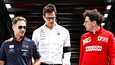 Vasemmalta Red Bullin tallipäällikkö Christian Horner, Mercedeksen tallipäällikkö Toto Wolff sekä Ferrarin tallipäällikkö Mattia Binotto.