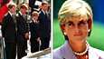 Prinsessa Diana menehtyi traagisessa auto-onnettomuudessa 20 vuotta sitten. Vasemmalla hänen entinen aviomiehensä, poikansa sekä veljensä painavat päänsä menehtyneen prinsessan muistoksi.