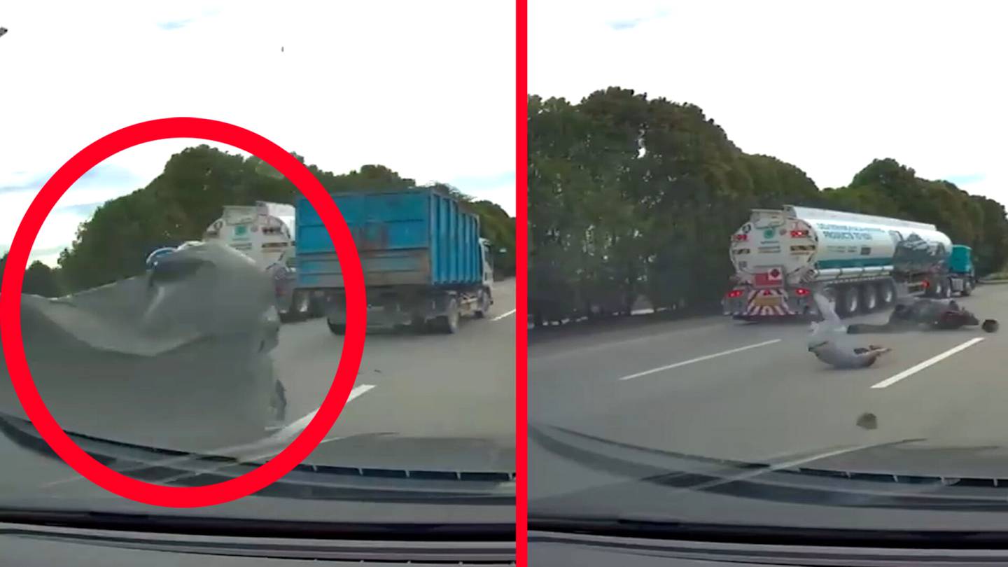 Vaarallinen tilanne moottoritiellä! – Kuorma-auton pressu irtosi ja peitti moottoripyöräilijän näkyvyyden