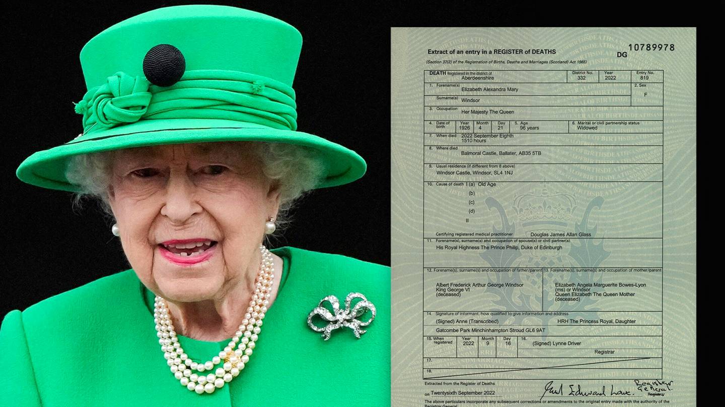 Viranomaiset julkaisivat kuningatar Elisabetin kuolintodistuksen – ammatti: Hänen majesteettinsa kuningatar