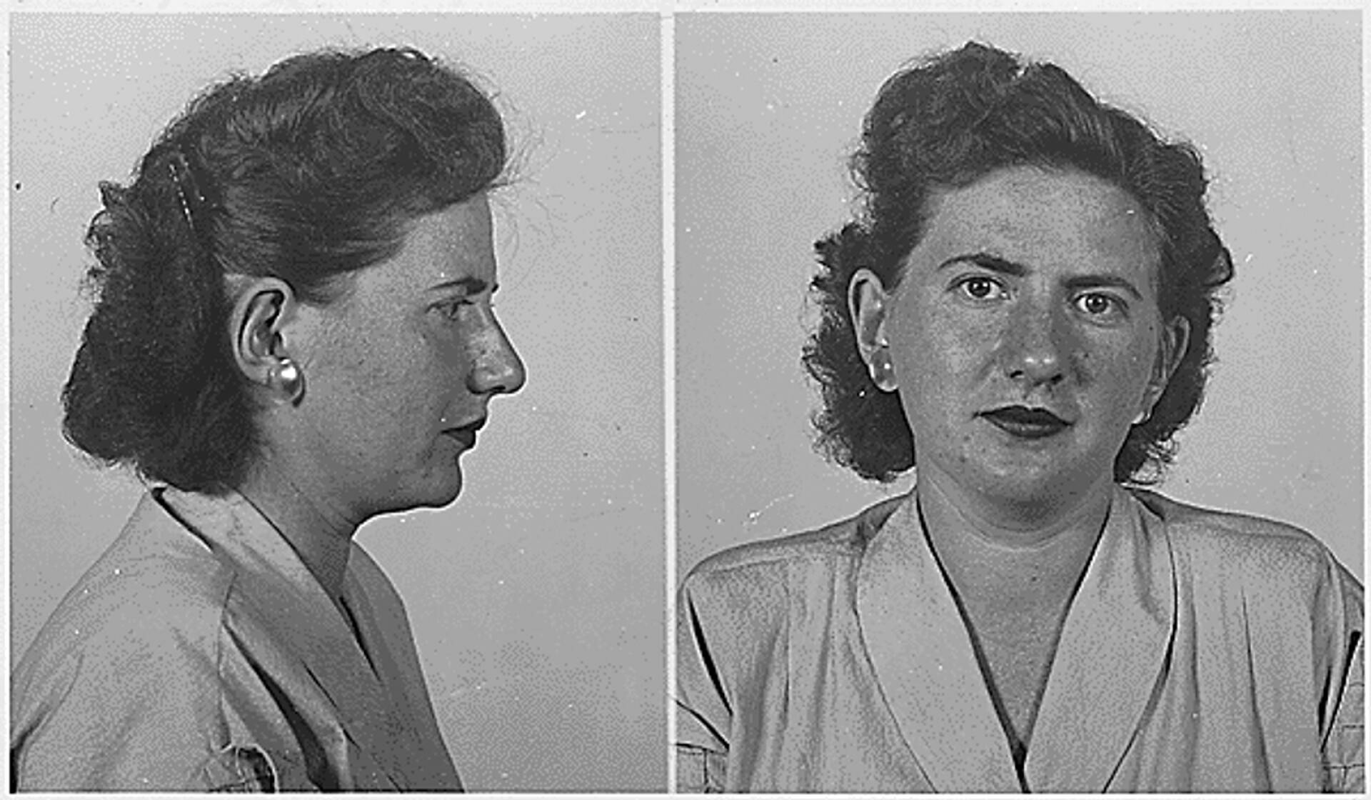 Ruth Greenglassin pidätyskuva. Hän vältti syytteet avustamalla FBI:tä. Sotavuosina hän suhtautui Ethel Rosenbergiin kuin isosiskoon. He viettivät yhdessä aikaa esimerkiksi elokuvissa, kun David työskenteli Los Alamosissa. 