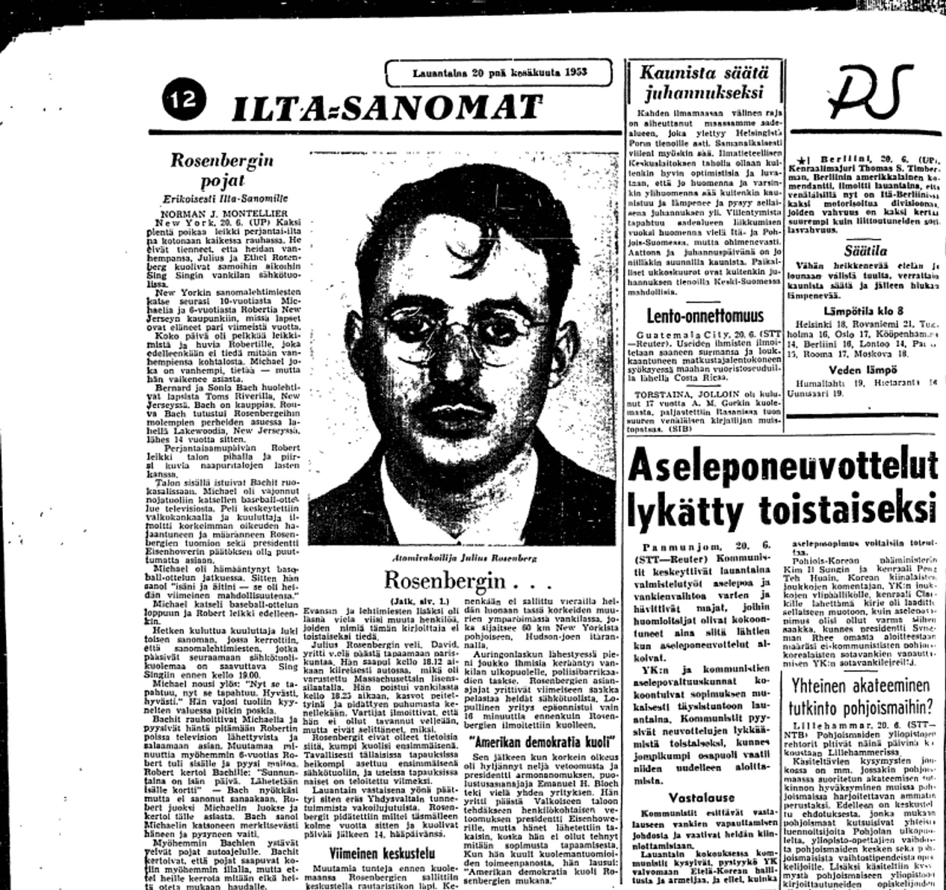 Ilta-Sanomat uutisoi Rosenbergien viimeisistä hetkistä 20. kesäkuuta 1953.