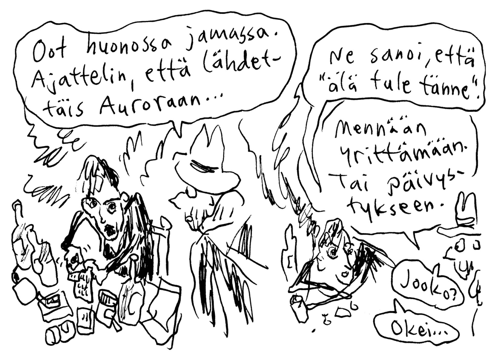 Ville Rannan piirtämä sarjakuvaruutu kuvaa tilannetta, jossa Liukkonen oli kotiutettu Rannan mukaan vain kolme tuntia sen jälkeen, kun hän oli saapunut sairaalaan.