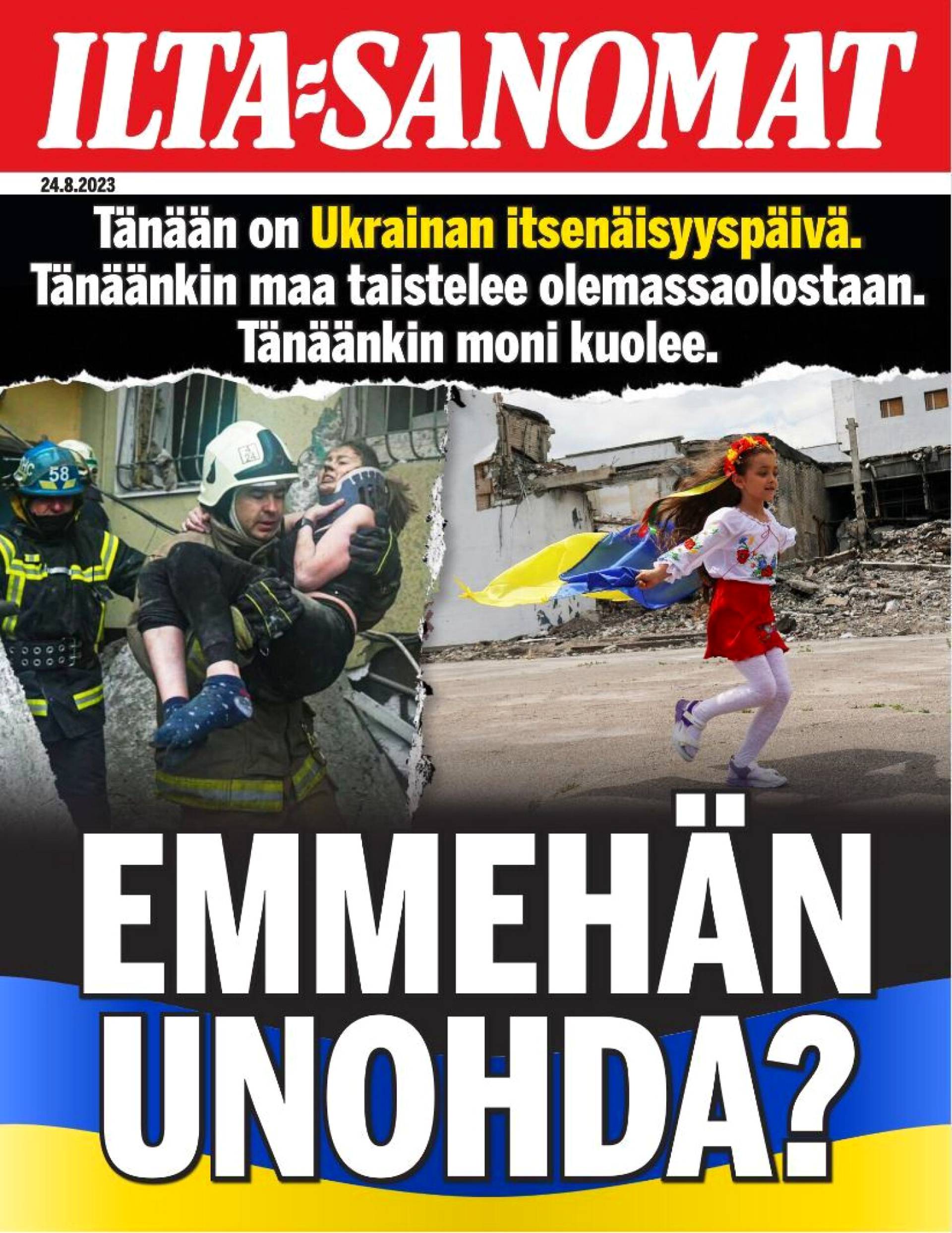 Ilta-Sanomat muistaa erikoislööpillä ukrainalaisten kärsimyksiä tänään torstaina 24.8., joka on Ukrainan itsenäisyyspäivä.