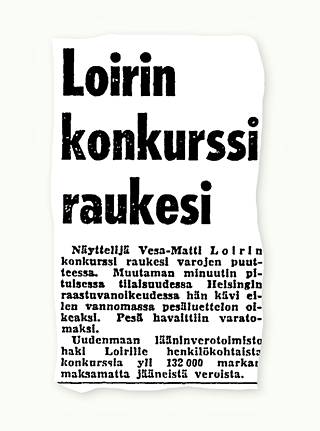 Ilta-Sanomat uutisoi Vesa-Matti Loirin konkurssin raukeamisesta marraskuussa 1977.