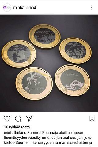 Ruutukaappaus Suomen rahapajan Mint of Finland -Instagram-tililtä, jossa oli kuvat kaikista Itsenäisyyden vuosikymmenet -juhlarahasarjan kolikoista.