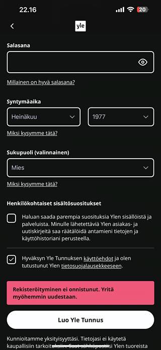 Ilta-Sanomien lukijan lähettämä kuvakaappaus lauantai-illalta: Yle Tunnuksen rekisteröityminen ei onnistunut eikä sovelluksen kautta päässyt siten äänestämään.