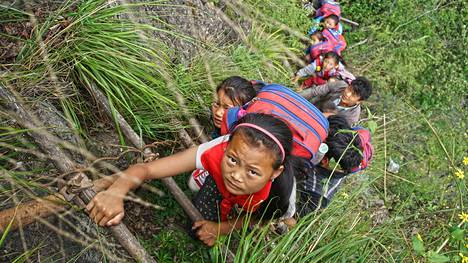 Maailman vaarallisin koulumatka: kiinalaiskylän lapset laskeutuvat vuoren  seinämää 800 metriä 100-vuotiaita tikkaita pitkin - Ulkomaat - Ilta-Sanomat