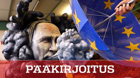 Saksan Mainzin kaupungin karnevaaleissa nähtiin maanantaina asetelma. jossa EU:n sateensuoja torjuu Venäjän presidentin Vladimir Putinin puhkumaa pahaa ilmaa. Oikeasti EU:n talouspakotteet yrittävät taltuttaa Venäjän sotataloutta.