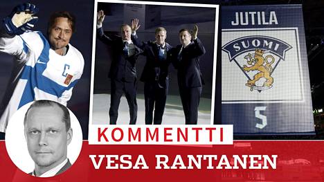 Timo Jutilan pelinumero 5 nostettiin Teemu Selänteen (vas.), Jere Lehtisen, Saku Koivun ja Ville Peltosen numeroiden arvokkaaseen riviin.