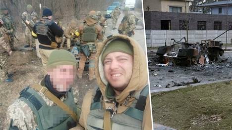Ukrainalainen Bodja (oik) otti selfien muiden vapaaehtoisten maanpuolustajatovereidensa kanssa. Kuvassa on hänen ryhmänsä ensimmäinen taisteluvoitto, Butshan kaduille tuhottu panssariajoneuvo helmikuun 27. päivältä. 