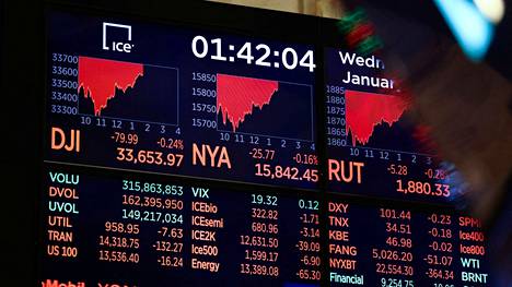 Tietoja indeksien muutoksista New Yorkin pörssin valotaululla keskiviikkona.