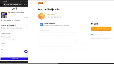 Huijarien verkkosivut voivat näyttää hyvin vakuuttavilta. Vasemmassa esimerkissä verkkosivun osoite ei ole oikea Posti.fi, vaan se alkaa Posti-fi.