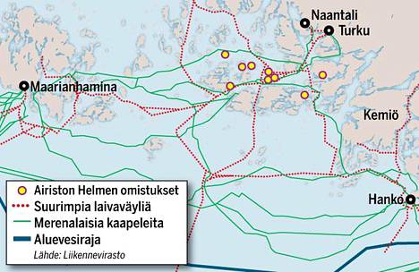 Kartta osoittaa: Airiston Helmen kiinteistöt sijaitsevat hyvin lähellä  Saaristomeren tärkeitä, vedenalaisia datakaapeleita - Kotimaa - Ilta-Sanomat