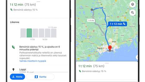 Kun matkan kestot ovat ajallisesti lähellä toisiaan, Google Maps alkaa tarjota vähemmän energiaa kuluttavaa ajoreittiä. 