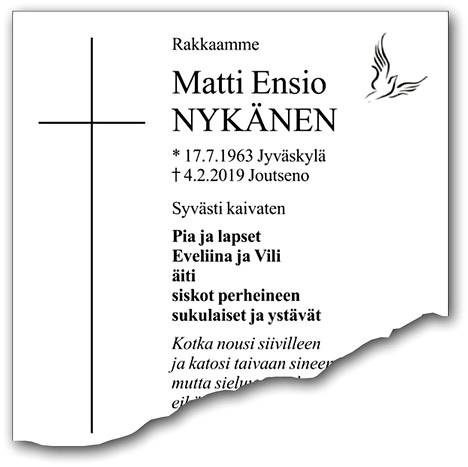 Matti Nykäsen kuolinilmoitus julkaistiin Keskisuomalaisessa sunnuntaina 3.3.