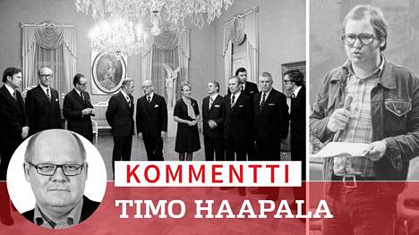 Urho Kekkonen ”runnasi” maahan hätilahallituksen 1975. Taustalla hääräsi Ylen politiikan  toimittaja Antero Kekkonen.
