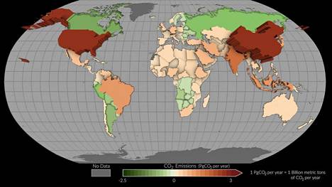 Nasan OCO-2-satelliitin mittauksiin perustuva kartta nettopäästöistä ja hiilinieluista on koottu vuosien 2015-2020 tiedoista.