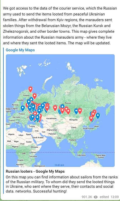 Väitetysti Ukrainassa ryöstelleiden venäläissotilaiden lähettämien pakettien vastaanottajia alettiin sijoittaa kartalle. Kartta vedettiin sittemmin pois Googlen MyMaps-palvelusta. Kuvakaappaus IT Army of Ukrainen Telegram-kanavalta.