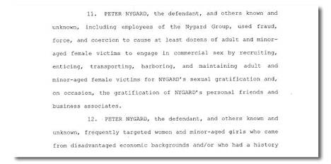 Syytekirjelmässä väitetään, että Peter Nygård käytti yrityksiään, niiden työntekijöitä ja varoja rikolliseen toimintaan.