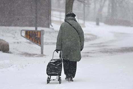 Pääkaupunkiseudulla lunta riittää, mutta Pohjanmaalla on yhä laajoja lumettomia alueita. Jalankulkija käveli lumisateessa Espoon Suviniityssä 21. marraskuuta. 