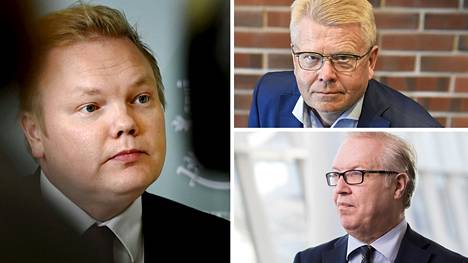 Jyri Häkämies (oik. ylh.) ja Sture Fjäder pitävät Antti Kurvisen hajautuspuheita hämmentävinä.