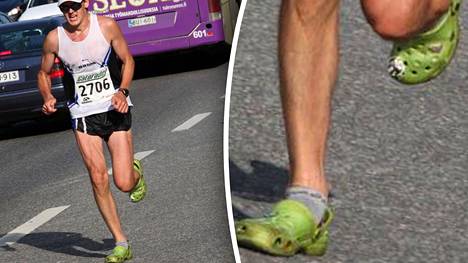 Harri Mannermaa Helsinki City Marathonilla vuonna 2011. Hän aikoo osallistua juoksutapahtumaan myös tänä kesänä – crocsit jalassa tietysti!