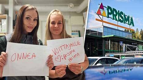Lahden Prisma Holmassa työskentelevät Noora Karlström (vas.) ja Mira Kolu onnittelevat tuoretta lottomiljonääriä. 
