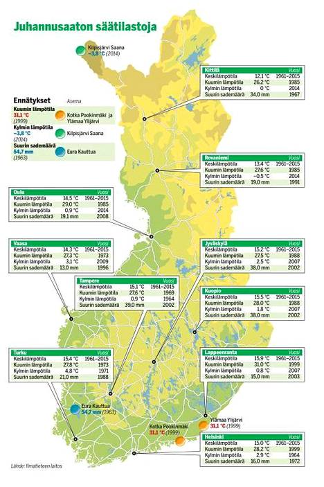 Helsinki, Rovaniemi, Oulu, Tampere, Turku... – kartta kertoo, millaisissa  säissä juhannusta on ennen vietetty - Kotimaa - Ilta-Sanomat