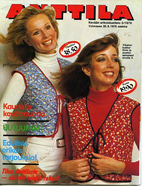 Vuoden 1976 katalogin kannessa mainostettiin tikkiliivejä ja pooloja.