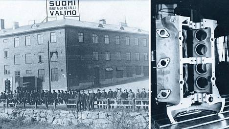 Suomivalimo perustettiin Helsinkiin 100 vuotta sitten. Työntekijät Elimäenkadulla 1932. Oikealla armeijalle valettu Ford V8 -moottorin lohkoja, joihin muotit haettiin Saksasta.