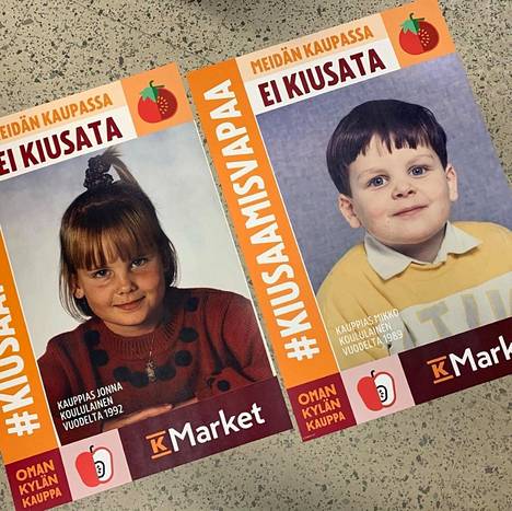 Jokainen K-kauppiaskin on ollut joskus pieni koululainen. Kuvan julisteissa kauppiaat Mikko ja Jonna Holopainen.