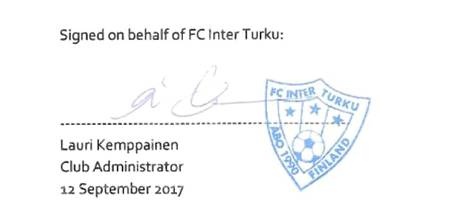 Proof signed by player that there is no TPO of the player’s economic rights -asiakirjan allekirjoitus.