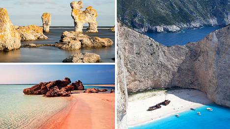 Euroopan kauneimpien rantojen listalle pääsivät muun muassa Fårön rannat (vasemmalla), Kreetan Elafonisi ja Kreikan Zakynthosin Salakuljettajien poukama (oikealla).