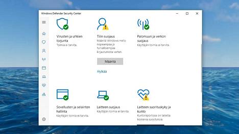 Windows Defender on Windows 10:n mukana tuleva tietoturvaohjelmisto. Kuvakaappaus Windowsista.