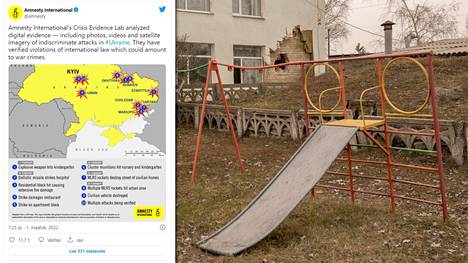 Amnesty International kertoi Twitterissä koostaneensa materiaalia Ukrainan sodan uhreista ja vaurioista. 