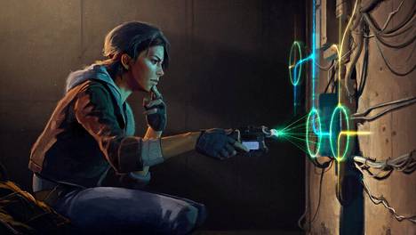 Half Life: Alyx VR-pelin sankaritar Alyx joutuu ratkomaan monenlaisia pelipulmia hakkerointityökalullaan.