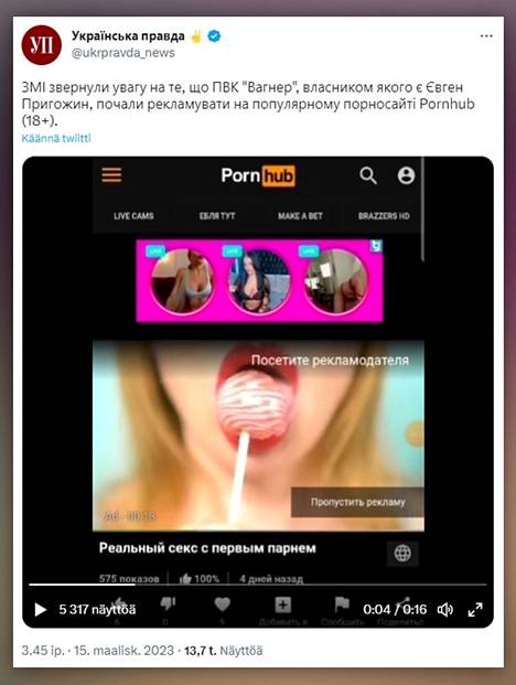 Kuvakaappaus Ukrainska Pravdan twiitistä, jossa näytetään Wagnerin mainosvideolta vaikuttava tuotos. 