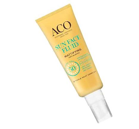 Aco Sun Face Fluid Mattifying Anti-Blemish SPF 50+ mattapinnan jättävä aurinkovoide kasvoille, 40 ml, 18,80 €.