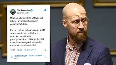 Vihreiden entinen puheenjohtaja Touko Aalto ohjeistaa Twitterissä hallituksessa istuvia puoluetovereitaan turvapaikanhakijoiden pakkopalautusten suhteen toimimisesta.