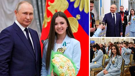 Vladimir Putin kilisteli urheilutähtien kanssa Kremlissä. 16-vuotias Kamila Valijeva oli yksi tilaisuuden kunniavieraista.