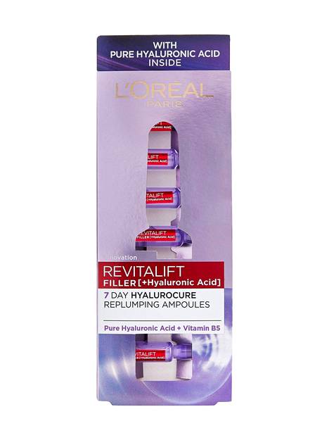 L'Oréal Paris Revitalift Filler -ampulleissa on viikon kuuri kosteuttavaa hyaluronihappoa. 21,90 e.