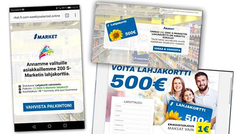 Ihmisiä houkutellaan huijaussivuille tiedolla pakettilähetyksestä. Tämän jälkeen aletaan tarjota 500 euron lahjakorttia S-markettiin.