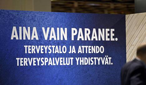 Terveystalon ja Attendo Terveyspalveluiden yrityskauppaa mainostava juliste Lääkäri 2019 -tapahtuman mediakierroksella Messukeskuksessa Helsingissä.