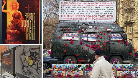 Sotapropagandaa levitetään Pietarin keskustaan pystytetyissä julisteissa, joissa on tekstiä myös englanniksi. Ukrainan rintamalla kärsineen ambulanssiauton kylkiin on kiinnitetty venäläissotilaiden valokuvia. 
