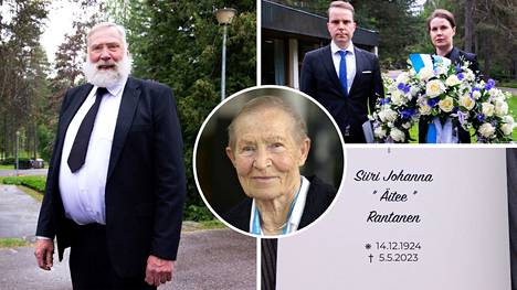 98-vuotiaana kuollut Siiri Rantanen haudattiin perjantaina Lahdessa. Hautajaisiin osallistuivat muun muassa Juha Mietoo (vasemmalla) sekä urheiluministeri Petri Honkonen ja erityisavustaja Klaara Tapper (ylähäällä oikealla).