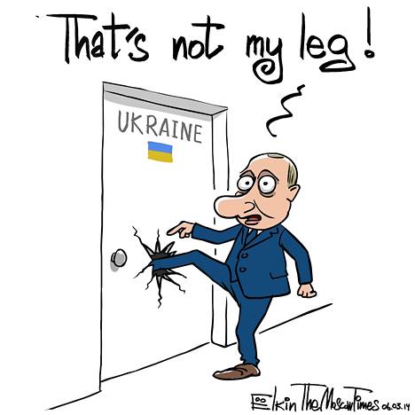 Venäjän tapoihin kuuluu kiistää kaikki syytökset silloinkin, kun todisteet ovat mitä vahvimmat. Jolkinin piirroksessa Putin on työntänyt jalkansa syvälle Ukrainan ovesta, mutta sanoo silti pokkana: ”Ei tuo ole minun jalkani.”