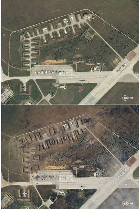Satelliittikuvat ennen ja jälkeen lentokenttäiskun näyttävät tukikohdan kärsimät mittavat vauriot.